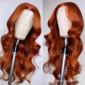 Fast Ship Wavy Ginger Orange Human Hair Wigs Pre Plucked Remy Hair 13x4 Front Lace Wigs 180% Ginger Orange  Body Wave Hair Wig